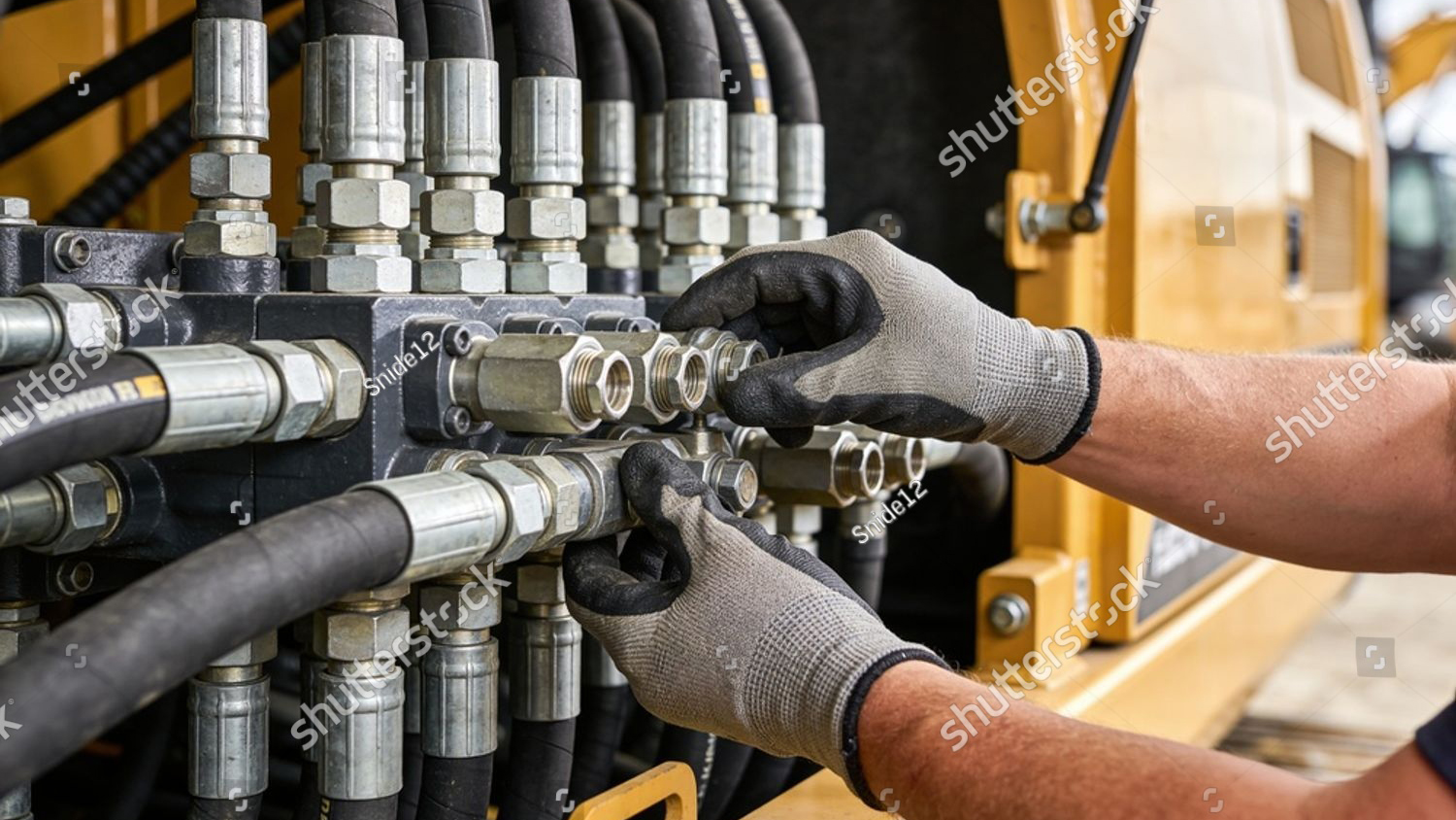 stock photo close up of a worker s gloved hands carefully connecting and inspecting a complex network of 2772371709