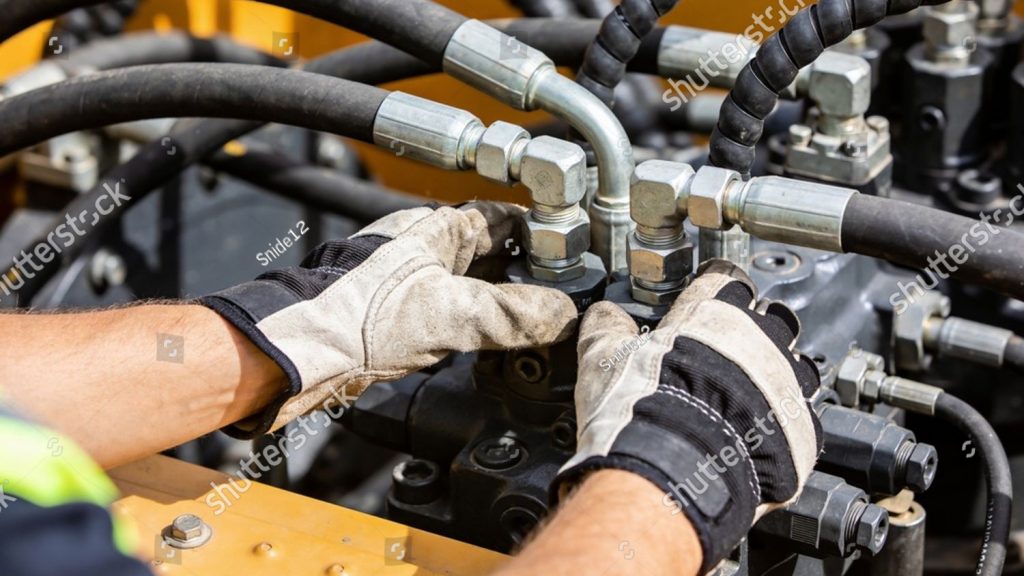 stock photo close up of a worker s gloved hands manipulating intricate hydraulic components and flexible hoses 2742928647