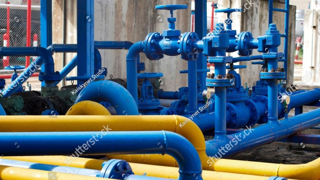 stock photo pressure control in gas plants using blue and yellow pipe systems 2642527175